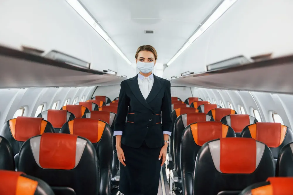 Flight attendant standing in the center aisle of a plane cabin